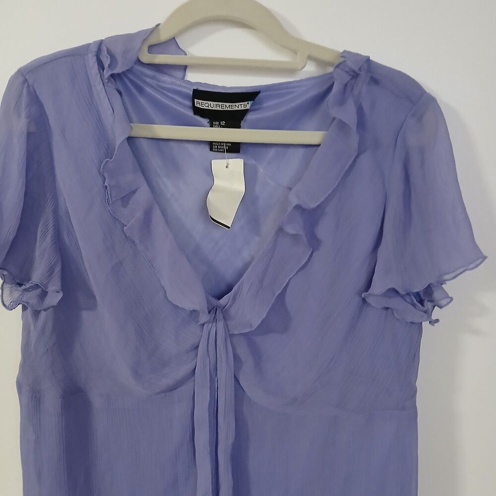 Requirements Womens Purple V Neck Ruffled Short Sleeves Tie Chiffon Blouse 12 - Picture 4 of 8